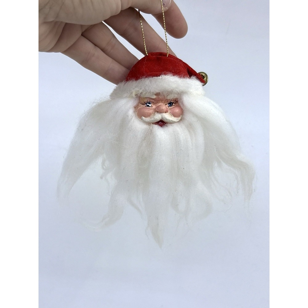 Vintage Celluloid Santa Claus Hand Painted Head Soft Fluffy Beard Ornament 7 In